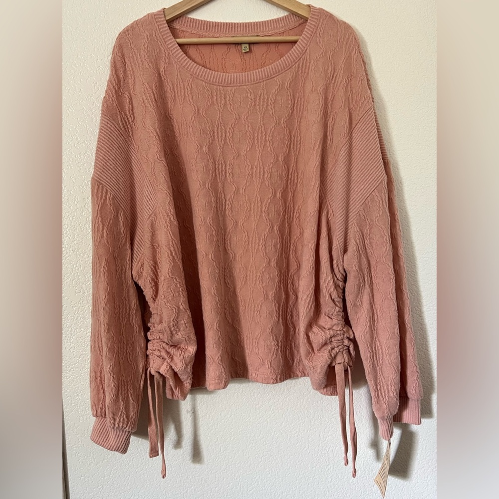 NWT Democracy Textured Pink Sweatshirt Top Ruched Drawstring Side Ties 3X